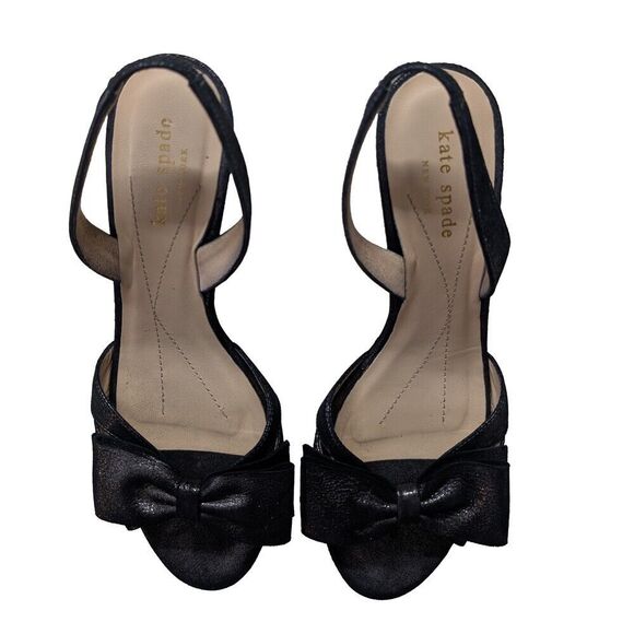 KATE SPADE Glitter Leather Black Slingback  Bow Open Toe Stiletto Fancy  7.5 M - Picture 3 of 9